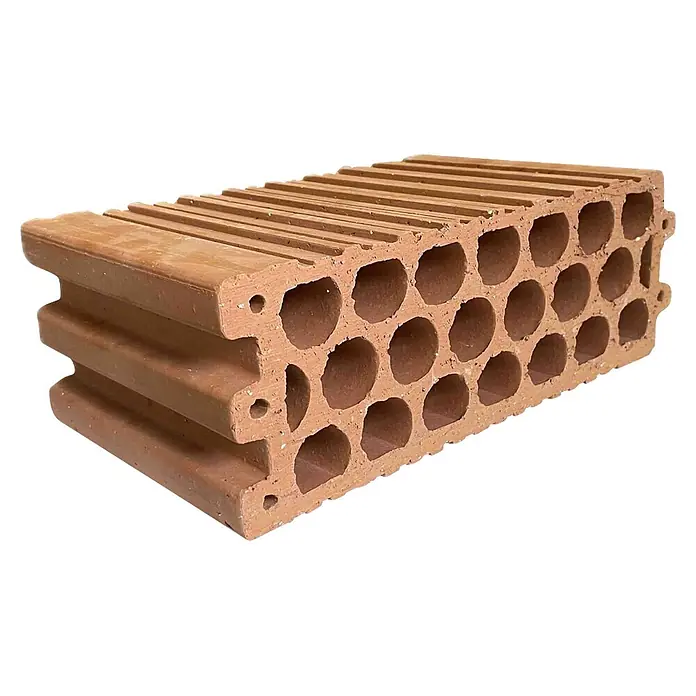 BHS Valencia Ladrillo Termopanal - 30 x 19 x 11 cm - Bloque de arcilla perforado color terracota con muchos orificios circulares y superficies estriadas para aislamiento térmico en construcción.