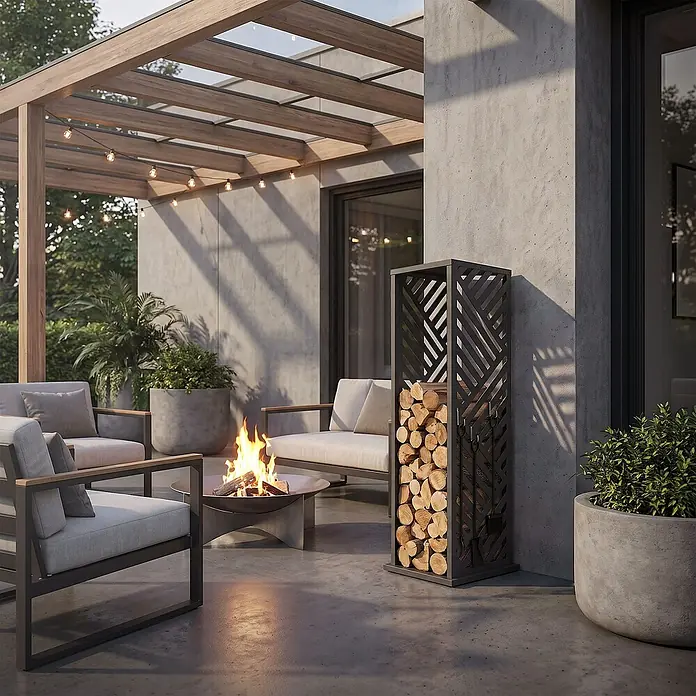 ML-Design Kaminholzregal 37,5x37,5x112 cm Anthrazit Streifen-Motiv -  - Hohes, dunkelgraues Metall-Kaminholzregal mit geometrischem Muster, gefüllt mit Holzscheiten, auf einer Terrasse neben einer Feuerschale.