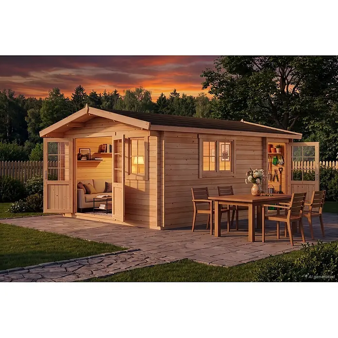 Gartenhaus Jennifer400x550cm Natur 28mm Wandstärke -  - Gemütliches Gartenhaus aus Holz mit Wohnbereich, Essplatz im Freien und integriertem Stauraum, in einem Garten bei Sonnenuntergang.
