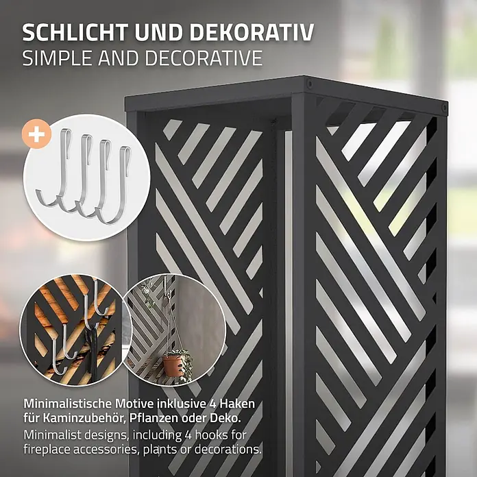 ML-Design Kaminholzregal 37,5x37,5x112 cm Anthrazit Streifen-Motiv -  - Schwarzes Metall-Regal mit geometrischem Muster, gezeigt mit 4 Haken für Kaminzubehör oder Pflanzen.