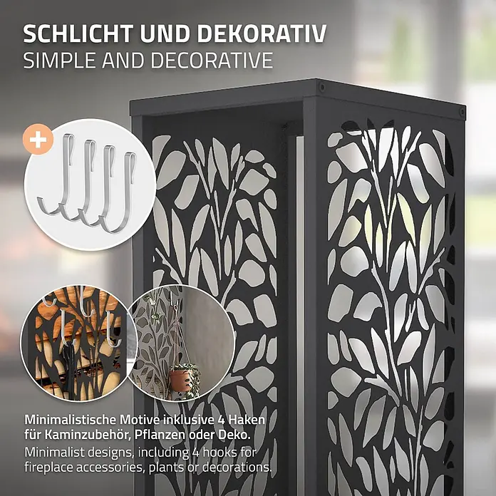 ML-Design Kaminholzregal Metall 37,5x37,5x112 cm Anthrazit Blätter-Motiv -  - Dunkelgraue dekorative Metallsäule mit Blattausschnitten und vier silbernen Haken. Vielseitig für Kaminzubehör, Pflanzen oder Dekorationen.