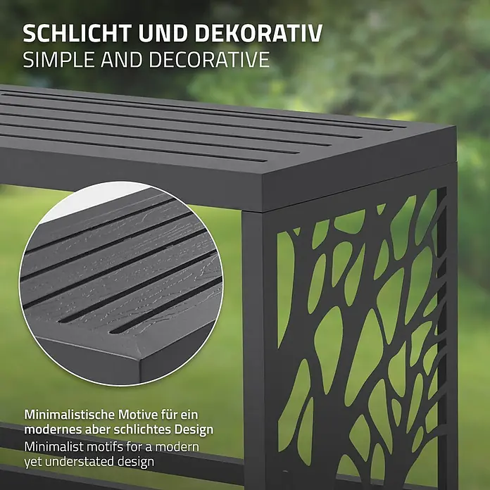 Kaminholzregal mit Sitzbank Innen/Aussen Metall Brennholzregal 120 cm -  - Dunkelgraues Outdoor-Möbelstück mit Lattenoberfläche und dekorativer Seitenplatte mit minimalistischen, organischen Ausschnitten. Nahaufnahme zeigt strukturierte Oberfläche.