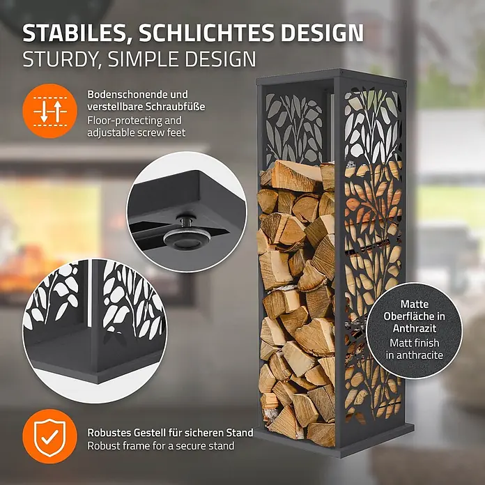 ML-Design Kaminholzregal Metall 37,5x37,5x112 cm Anthrazit Blätter-Motiv -  - Anthrazitfarbenes Metall-Kaminholzregal mit dekorativem Blattmuster, robustem Gestell und verstellbaren Füßen.