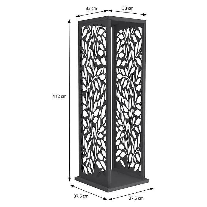 ML-Design Kaminholzregal Metall 37,5x37,5x112 cm Anthrazit Blätter-Motiv -  - Dunkelgrauer rechteckiger Dekosichtschutz mit Blättermuster. H 112 cm, B 33 cm, T 37,5 cm.