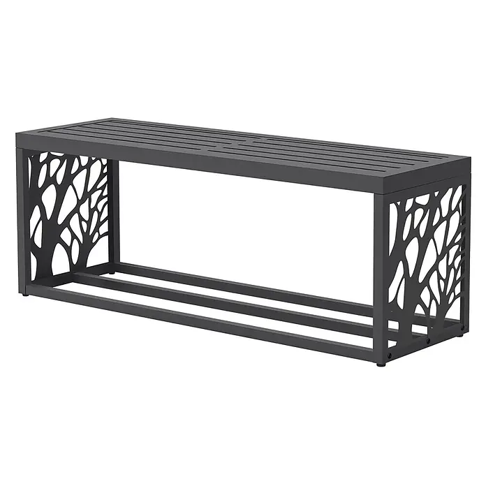 Kaminholzregal mit Sitzbank Innen/Aussen Metall Brennholzregal 120 cm -  - Dunkelgraue Metall-Gartenbank mit Lattenrost und dekorativen Seitenpaneelen mit Baum-Muster.