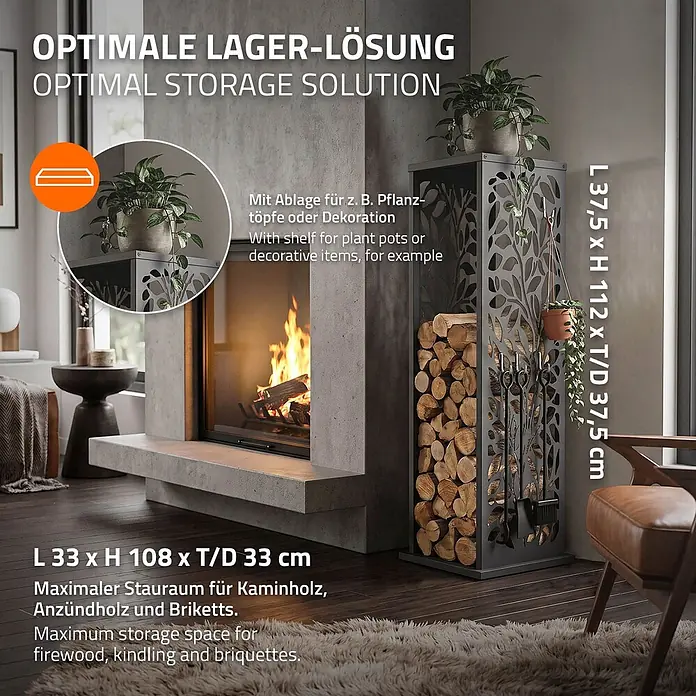 ML-Design Kaminholzregal Metall 37,5x37,5x112 cm Anthrazit Blätter-Motiv -  - Hoher Metall-Kaminholzständer mit dekorativem Blattmuster, Ablage und Werkzeughaltern, neben einem Kamin.