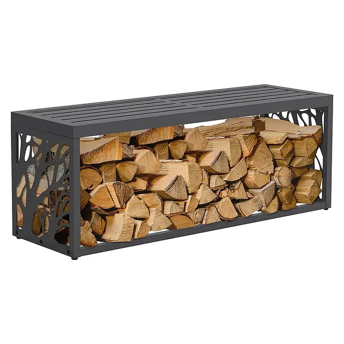 Kaminholzregal mit Sitzbank Innen/Aussen Metall Brennholzregal 120 cm -  - Dunkelgraues Metall-Holzlager mit dekorativen Seiten im Baumdesign und Lamellendach, gefüllt mit Brennholz.