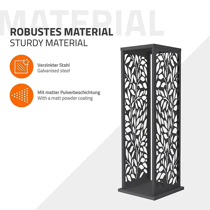ML-Design Kaminholzregal Metall 37,5x37,5x112 cm Anthrazit Blätter-Motiv -  - Dunkelgraue, rechteckige Metallsäule aus verzinktem Stahl mit matter Pulverbeschichtung und Blattausschnittmuster.