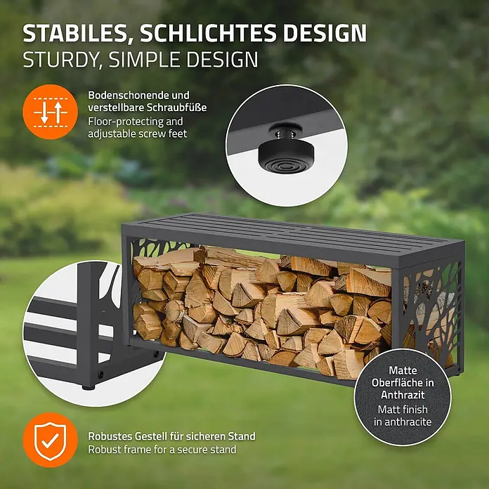 Kaminholzregal mit Sitzbank Innen/Aussen Metall Brennholzregal 120 cm -  - Stabiles, anthrazitfarbenes Kaminholzregal mit verstellbaren Füßen, gefüllt mit Holz. Matte Oberfläche, robustes Design.