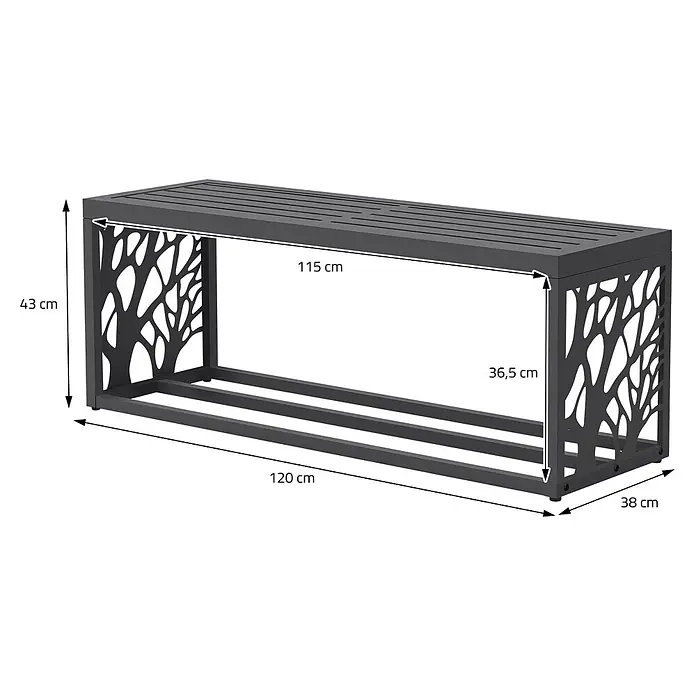 Kaminholzregal mit Sitzbank Innen/Aussen Metall Brennholzregal 120 cm -  - Dunkelgraue Metallbank/Kaminholzregal mit Lattenrostplatte und dekorativen Seitenwänden im Baumast-Muster.