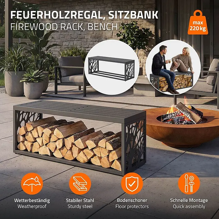 Kaminholzregal mit Sitzbank Innen/Aussen Metall Brennholzregal 120 cm -  - Dunkelgraues Metall-Kaminholzregal mit Baummotiv, das auch als Sitzbank dient. Es ist mit Brennholz gefüllt und von Personen genutzt.