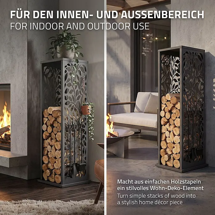 ML-Design Kaminholzregal Metall 37,5x37,5x112 cm Anthrazit Blätter-Motiv -  - Dekoratives Brennholzregal aus dunkelgrauem Metall mit Blattmuster, gefüllt mit Holzscheiten und Kaminbesteck, innen und außen gezeigt.