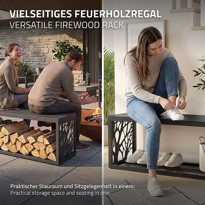 Kaminholzregal mit Sitzbank Innen/Aussen Metall Brennholzregal 120 cm -  - Vielseitiges dunkelgraues Metallregal für Kaminholz, nutzbar als Sitzbank und Schuhablage.