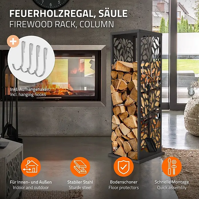 ML-Design Kaminholzregal Metall 37,5x37,5x112 cm Anthrazit Blätter-Motiv -  - Schwarzes Metallsäulen-Kaminholzregal mit Baumdesign, gefüllt mit Holzscheiten, inkl. 4 Aufhängehaken. Für Innen- und Außenbereich.