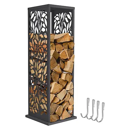 ML-Design Kaminholzregal Metall 37,5x37,5x112 cm Anthrazit Blätter-Motiv