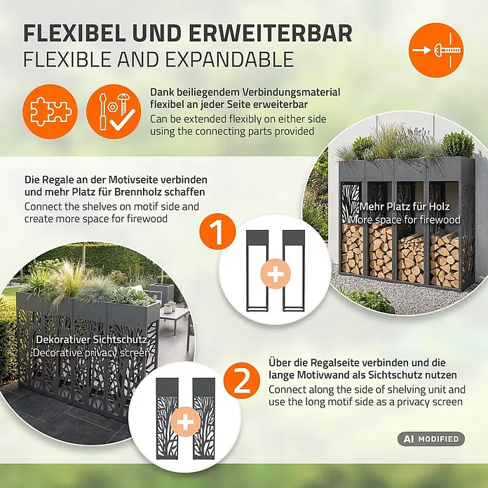 ML-Design Kaminholzregal mit Pflanzkasten Anthrazit 30x30x111 cm Zweige -  - Modulares anthrazitfarbenes Außenregal und Sichtschutz mit dekorativen Aussparungen, als Kaminholzregal und Gartensichtschutz gezeigt.