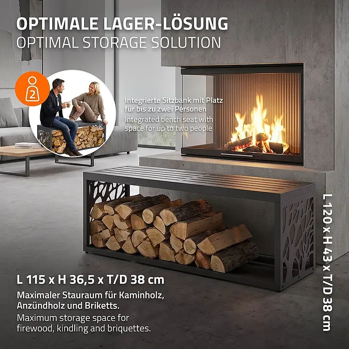 Kaminholzregal mit Sitzbank Innen/Aussen Metall Brennholzregal 120 cm -  - Dunkelgraues Metall-Holzlagergestell mit Sitzbankfunktion, gefüllt mit Holzscheiten, in modernem Wohnzimmer neben Kamin.