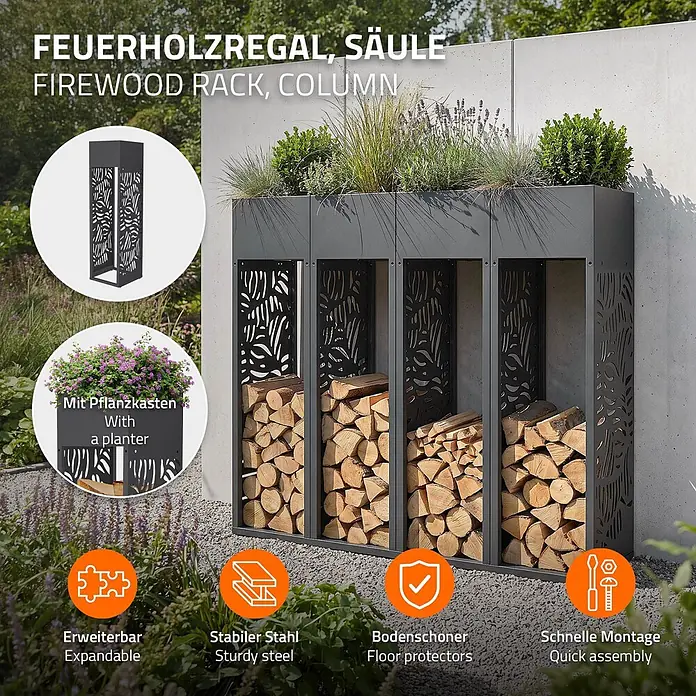 ML-Design Kaminholzregal mit Pflanzkasten Anthrazit 30x30x111 cm Blätter -  - Modularer dunkelgrauer Stahl-Kaminholzregal mit Zieraussparungen, draußen als Pflanzgefäß und Holzablage genutzt.