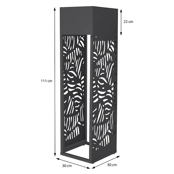 ML-Design Kaminholzregal mit Pflanzkasten Anthrazit 30x30x111 cm Blätter -  - Hoher, dunkelgrauer, rechteckiger Dekosäule mit aufwendigen Musterausschnitten, ideal für Garten oder Terrasse.
