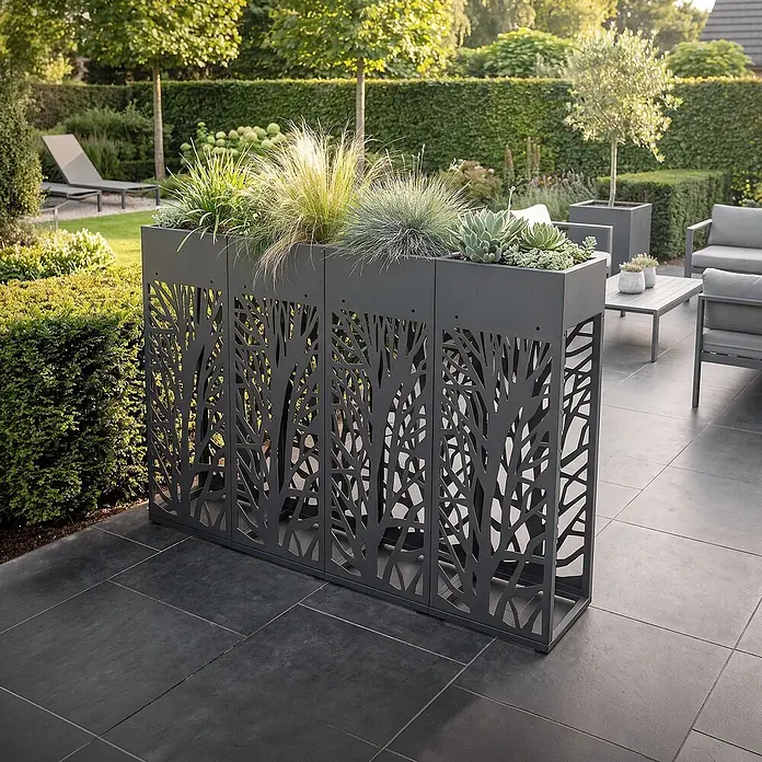 ML-Design Kaminholzregal mit Pflanzkasten Anthrazit 30x30x111 cm Zweige -  - Anthrazitfarbener Metall-Pflanzkasten mit lasergeschnittenem Astmuster, bepflanzt als Terrassentrenner.