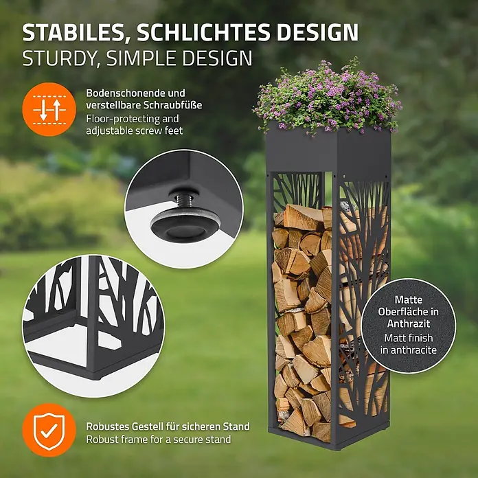 ML-Design Kaminholzregal mit Pflanzkasten Anthrazit 30x30x111 cm Zweige -  - Anthrazitfarbener Metall-Pflanzkasten und Holzregal mit Baum-Muster, verstellbaren Füßen und robustem Rahmen, gefüllt mit Holzscheiten und einer Pflanze.