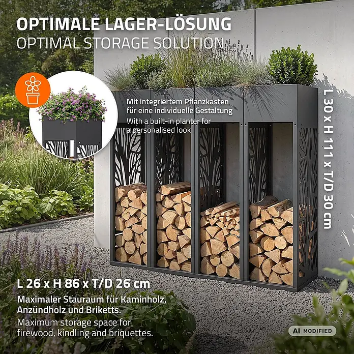 ML-Design Kaminholzregal mit Pflanzkasten Anthrazit 30x30x111 cm Zweige -  - Dunkelgraues Metall-Kaminholzregal mit drei Fächern und integriertem Pflanzkasten oben, bepflanzt und mit Brennholz befüllt, in einem Garten.