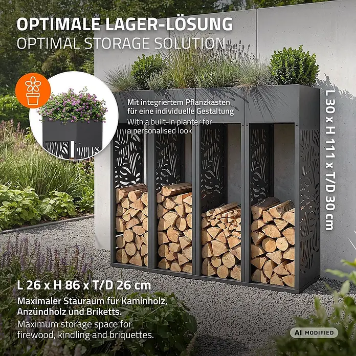 ML-Design Kaminholzregal mit Pflanzkasten Anthrazit 30x30x111 cm Blätter -  - Dunkelgraues Metall-Holzregal mit integriertem Pflanzkasten, gefüllt mit Holz und Pflanzen im Garten.
