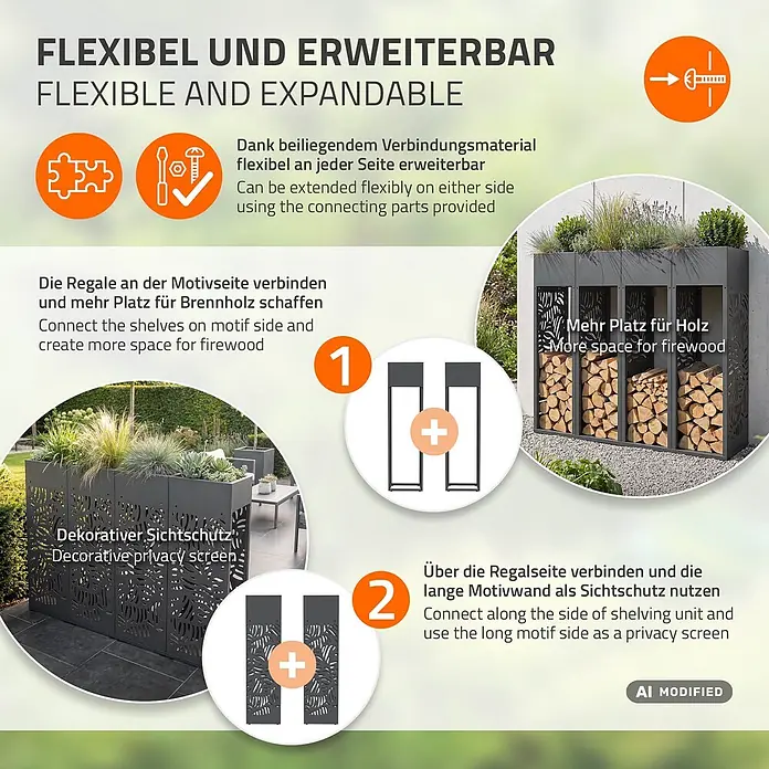ML-Design Kaminholzregal mit Pflanzkasten Anthrazit 30x30x111 cm Blätter -  - Dunkelgraues, modulares Metallregal/Sichtschutz mit integriertem Pflanzgefäß. Erweiterbares System für Brennholz oder dekorative Gartenteilung.