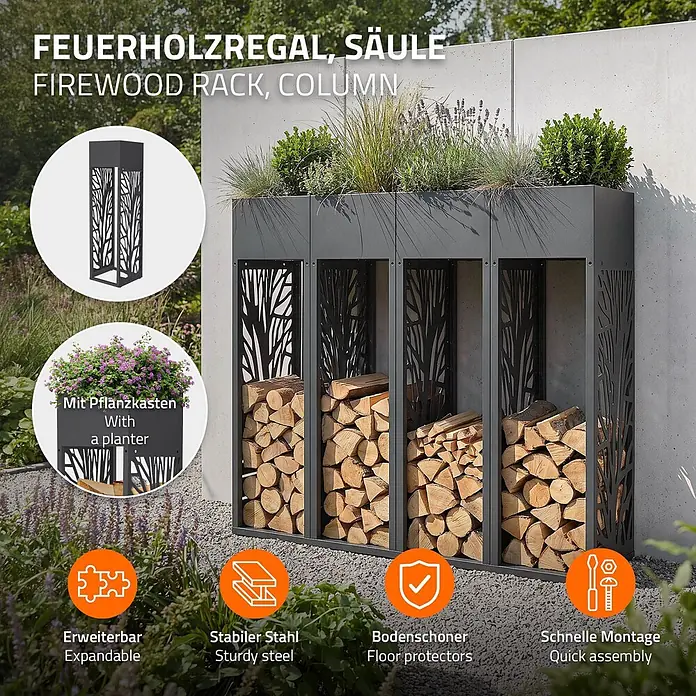 ML-Design Kaminholzregal mit Pflanzkasten Anthrazit 30x30x111 cm Zweige -  - Modulares dunkelgraues Stahl-Kaminholzregal mit Baummuster, integriertem Pflanzkasten und Bodenschonern, gefüllt mit Holzscheiten im Außenbereich.