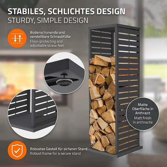 ML-Design Kaminholzregal 37,5x37,5x112 cm Anthrazit Schlitz-Motiv -  - Anthrazitfarbenes Metall-Brennholzregal, gefüllt mit Holzscheiten, mit robustem Gestell und verstellbaren Füßen.