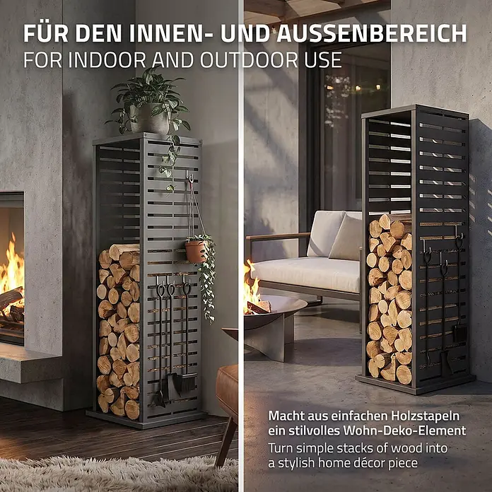 ML-Design Kaminholzregal 37,5x37,5x112 cm Anthrazit Schlitz-Motiv -  - Dunkelgraues Metall-Holzregal mit Fächern für Kaminholz und -besteck, innen am Kamin und außen auf der Terrasse gezeigt.