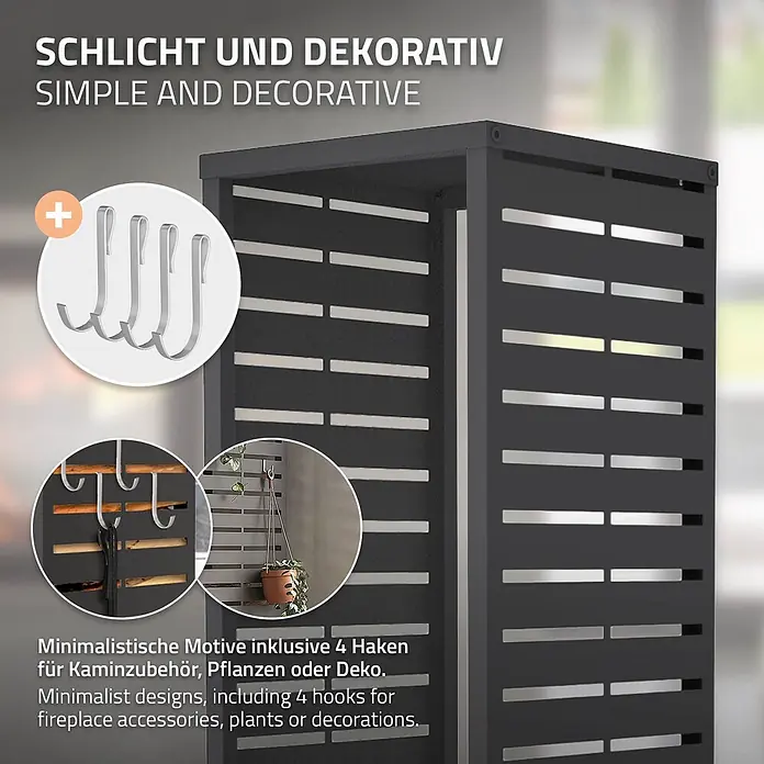 ML-Design Kaminholzregal 37,5x37,5x112 cm Anthrazit Schlitz-Motiv -  - Dunkelgrauer, gelatteter Metallbehälter mit vier silbernen Haken für Kaminzubehör, Pflanzen oder Deko.