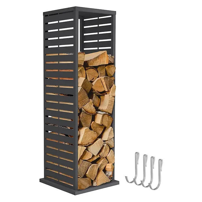 ML-Design Kaminholzregal 37,5x37,5x112 cm Anthrazit Schlitz-Motiv -  - Dunkelgraues Metall-Kaminholzregal mit Lamellenseiten, gefüllt mit Holzscheiten, und vier silbernen J-Haken.