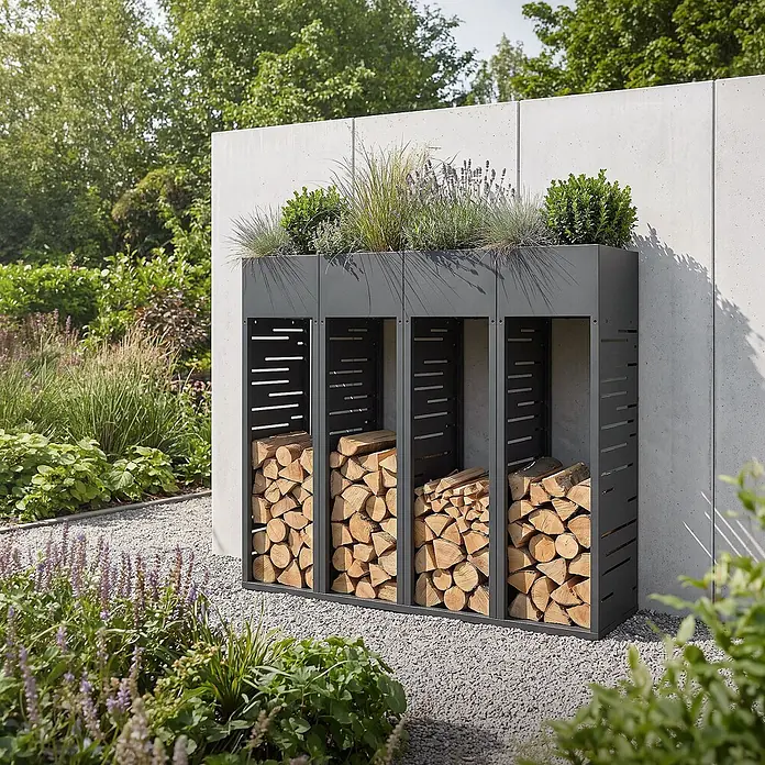 ML-Design Kaminholzregal Pflanzkasten Anthrazit 30x30x111 cm Gitter-Motiv -  - Dunkelgraues modulares Kaminholzregal mit integrierten Pflanzgefäßen, gefüllt mit Holz, im Garten.