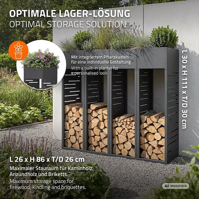 ML-Design Kaminholzregal Pflanzkasten Anthrazit 30x30x111 cm Gitter-Motiv -  - Anthrazitgraues Metall-Brennholzregal mit drei Fächern und integriertem Pflanzkasten, im Freien.