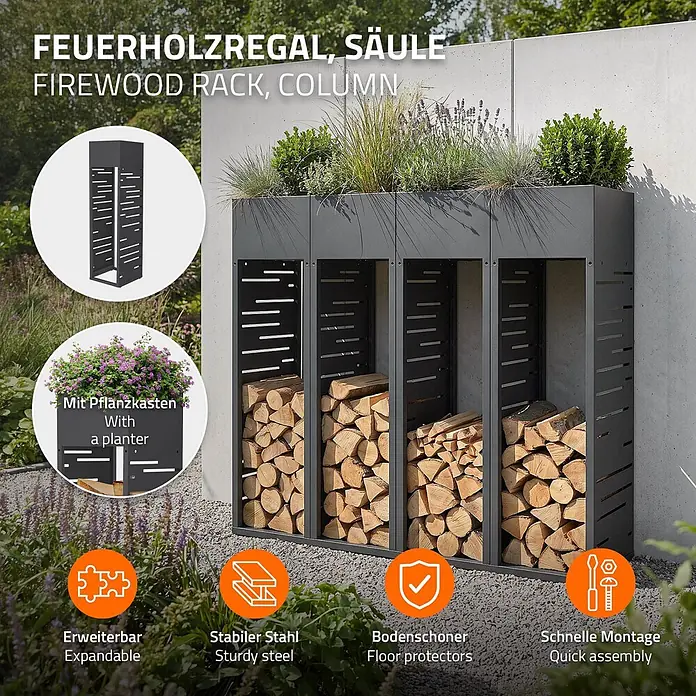ML-Design Kaminholzregal Pflanzkasten Anthrazit 30x30x111 cm Gitter-Motiv -  - Dunkelgraues Metall-Kaminholzregal für den Außenbereich mit integriertem Pflanzkasten, gefüllt mit Holzscheiten.