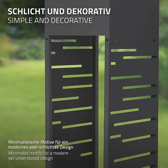 ML-Design Kaminholzregal Pflanzkasten Anthrazit 30x30x111 cm Gitter-Motiv -  - Dunkelgraues Dekoelement mit horizontalen Aussparungen, die Blicke auf einen grünen Garten freigeben; modernes, minimalistisches Design.