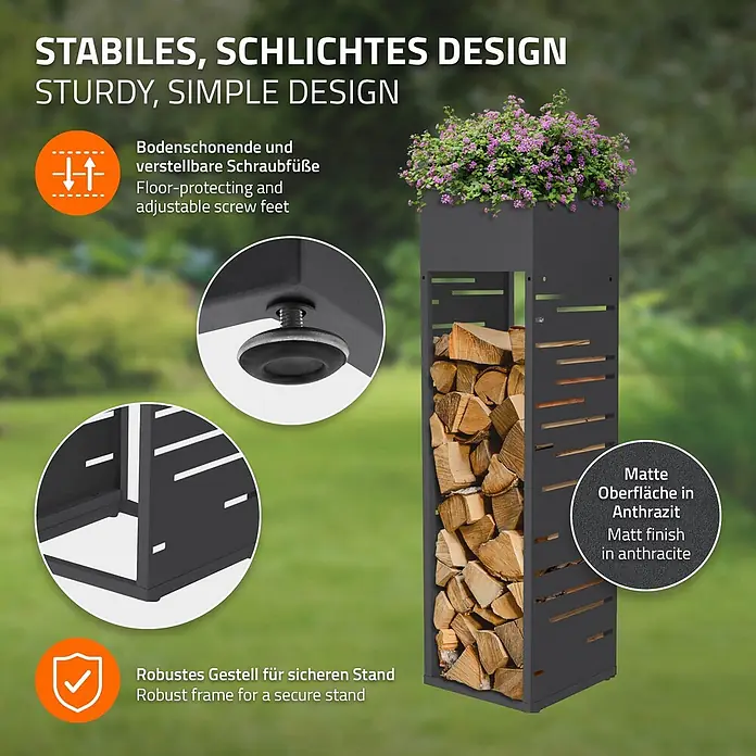 ML-Design Kaminholzregal Pflanzkasten Anthrazit 30x30x111 cm Gitter-Motiv -  - Dunkelgrauer Metall-Pflanzkübel mit integriertem Holzregal, matt lackiert, mit verstellbaren Füßen und stabiler Konstruktion.
