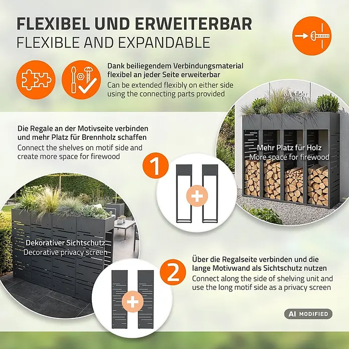 ML-Design Kaminholzregal Pflanzkasten Anthrazit 30x30x111 cm Gitter-Motiv -  - Modulares anthrazitfarbenes Gartenregal- und Sichtschutzsystem, erweiterbar zur Brennholzlagerung oder als dekorativer Sichtschutz.