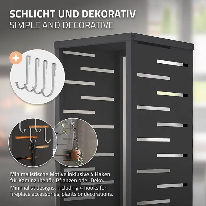ML-Design Kaminholzregal Metall 37,5x37,5x112 cm Anthrazit Gitter-Motiv -  - Dunkelgraues Metallregal mit dekorativen horizontalen Akzenten und 4 Haken, geeignet für Kaminzubehör, Pflanzen oder Deko.