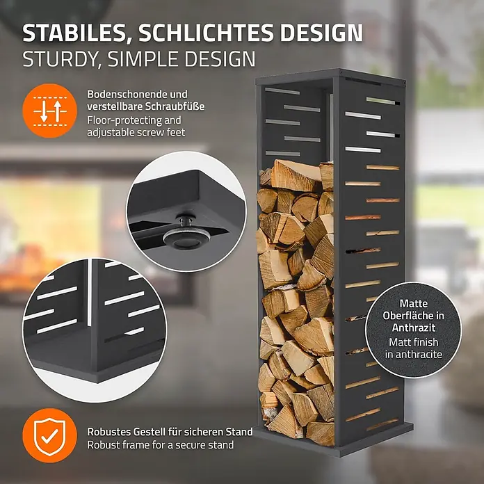 ML-Design Kaminholzregal Metall 37,5x37,5x112 cm Anthrazit Gitter-Motiv -  - Stabiler anthrazitfarbener Kaminholzständer mit matter Oberfläche und verstellbaren Füßen, gefüllt mit Brennholz.