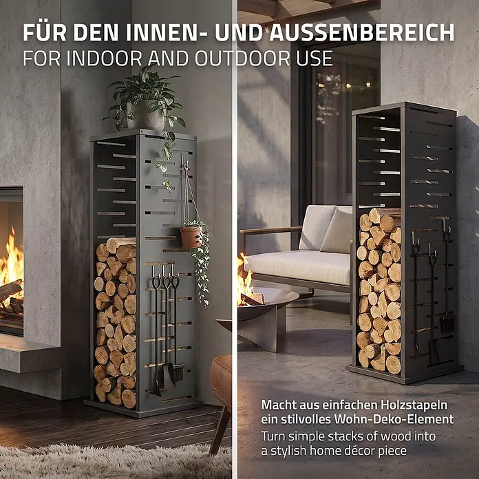 ML-Design Kaminholzregal Metall 37,5x37,5x112 cm Anthrazit Gitter-Motiv -  - Graues Metall-Holzregal mit Feuerholz und Kaminbesteck, drinnen und draußen einsetzbar, einmal am Kamin, einmal auf der Terrasse.