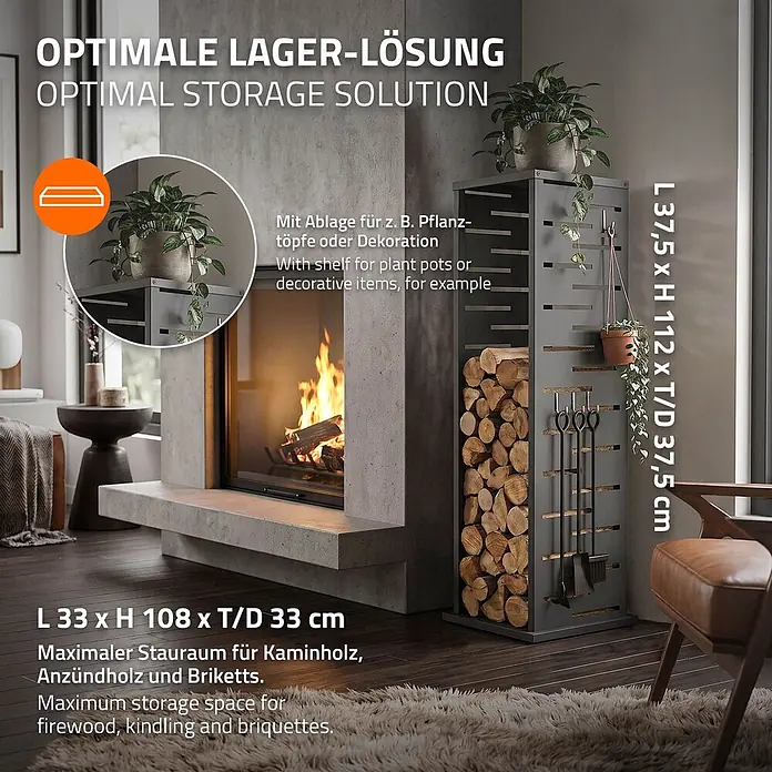 ML-Design Kaminholzregal Metall 37,5x37,5x112 cm Anthrazit Gitter-Motiv -  - Anthrazitfarbenes Metall-Kaminholzregal mit integrierter Ablage für Pflanzen oder Deko, neben einem Kamin platziert.