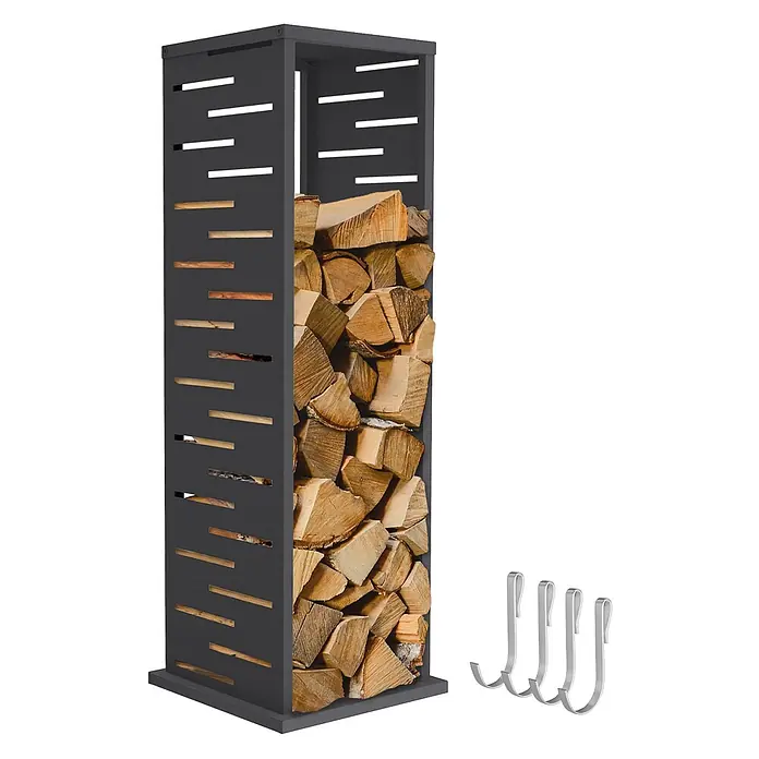 ML-Design Kaminholzregal Metall 37,5x37,5x112 cm Anthrazit Gitter-Motiv -  - Hohes, dunkelgraues Metall-Kaminholzregal gefüllt mit Holzscheiten, dazu vier silberne Haken.