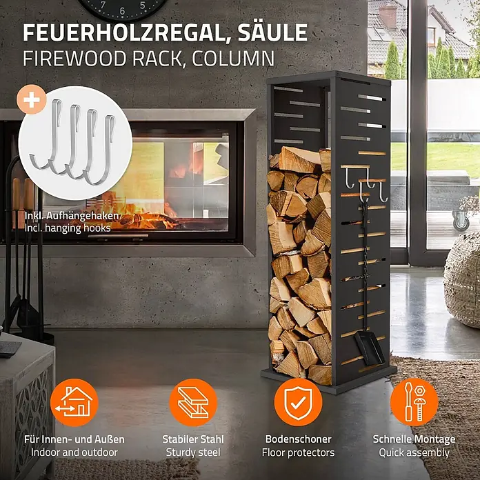 ML-Design Kaminholzregal Metall 37,5x37,5x112 cm Anthrazit Gitter-Motiv -  - Dunkelgraues, säulenförmiges Metall-Kaminholzregal mit Holzscheiten und Aufhängehaken für Kaminbesteck, in Innenräumen.