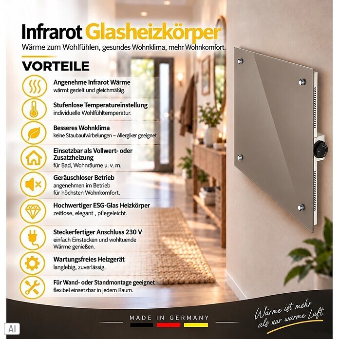 Admiral Infrarot-Glasheizkörper (50 x 50 cm, Beige/Grau, 350 W)