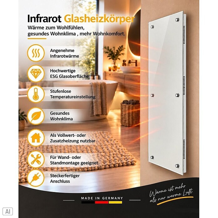Admiral Infrarot-Glasheizkörper (45 x 120 cm, Weiß, 850 W)
