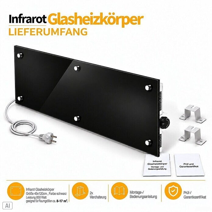 Admiral Infrarot-Glasheizkörper (45 x 120 cm, Schwarz, 850 W)