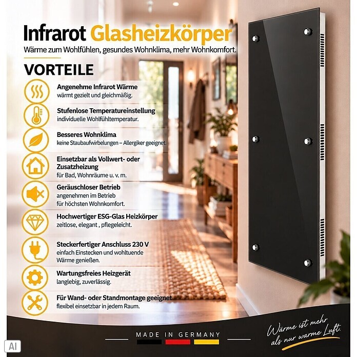 Admiral Infrarot-Glasheizkörper (45 x 120 cm, Schwarz, 850 W)