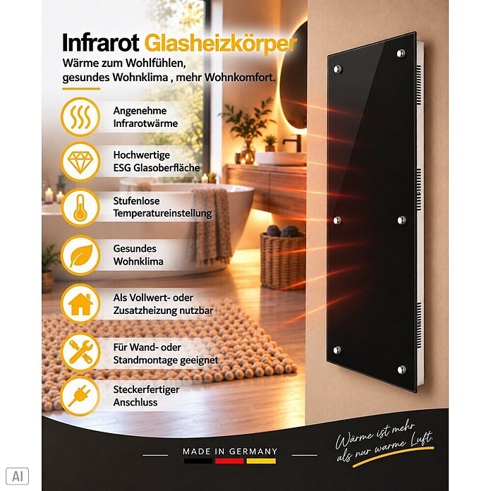 Admiral Infrarot-Glasheizkörper (45 x 120 cm, Schwarz, 850 W)